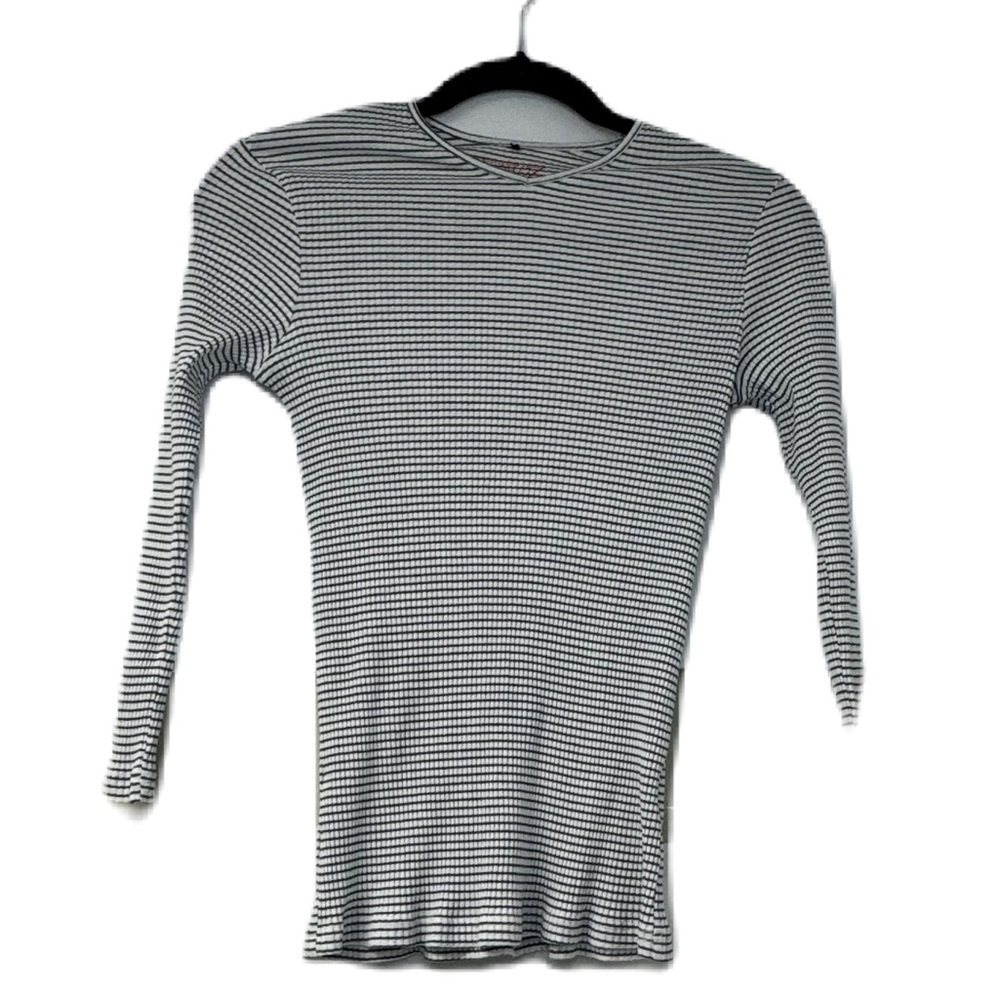 24/7 Woman's navy white ribbed long sleeve sz s v neck casual work fun
